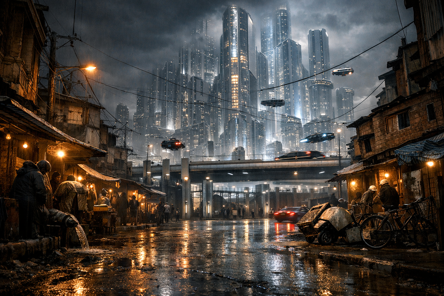 SOLAMINA 3.0 - Dystopian cityscape with gleaming towers and impoverished streets